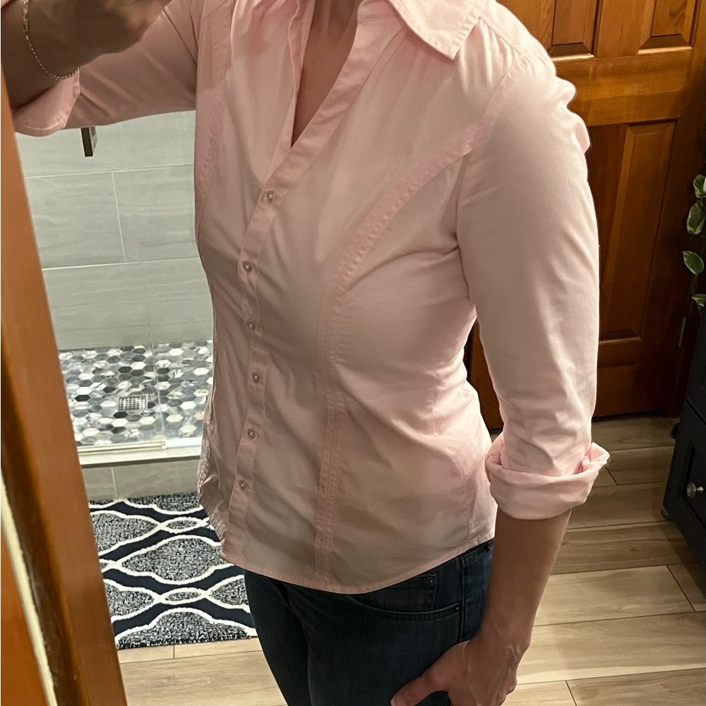 Crisp, tailored flattering fit- Light Pink Button-Up Shirt from Express